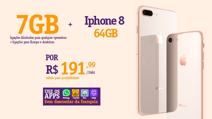 Iphone 8 64Gb + 7GB - Ligações Ilimitadas - Apps sem descontar da franquia - Ecotelecom Vivo Empresas